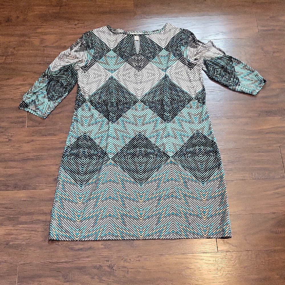 Geometric Patterned Dress in Black and Teal